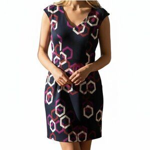 TRINA TURK Navy Purple Hexagon/Geometric V-Neck Sleeveless Sheath Dress - Size 8